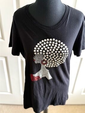 Black Cotton Tee with Rhinestone Afro Silhouette